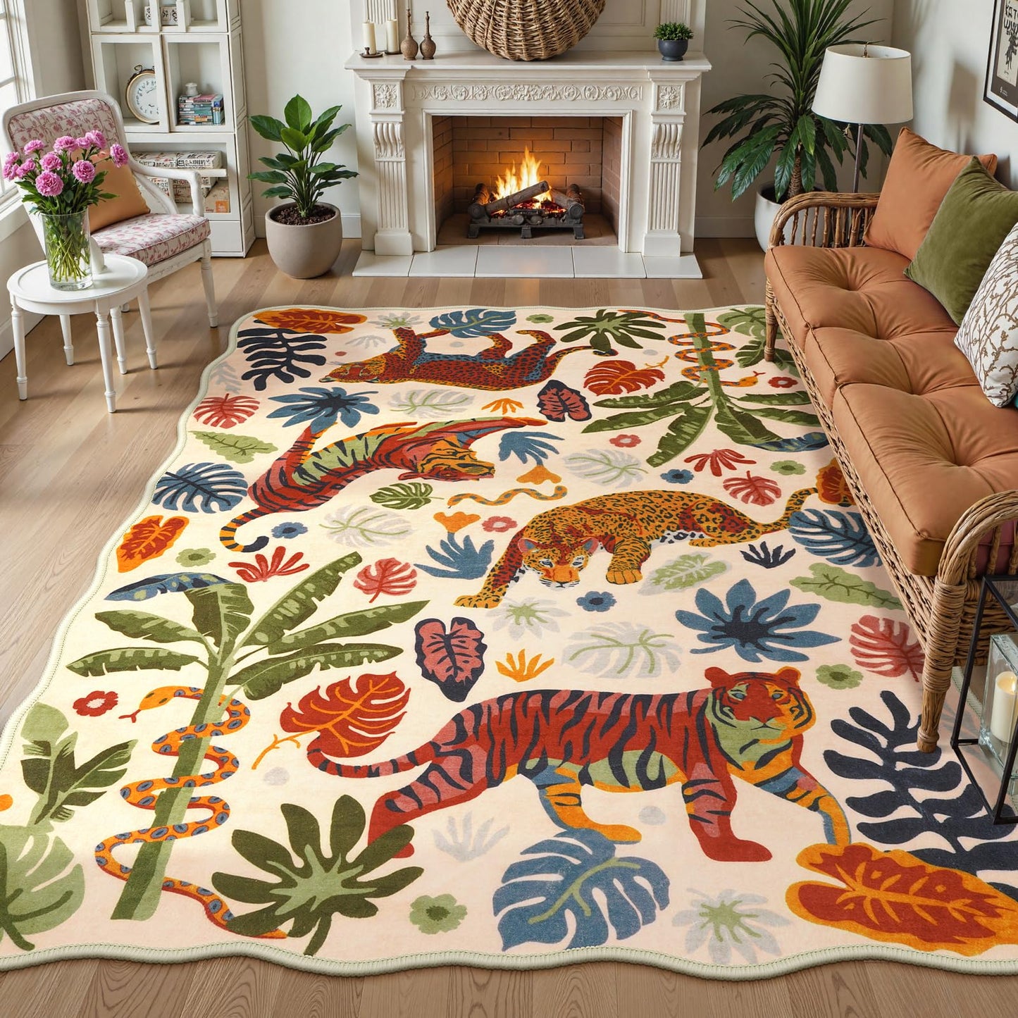 LEEVAN 5x7 Animal Area Rugs Washable Beige Tiger Living Room Rugs Non Slip Scalloped Tiger Bedroom Rug Low Pile Leopard Nursery Floor Carpet Jungle Leaf Print Kids Rug