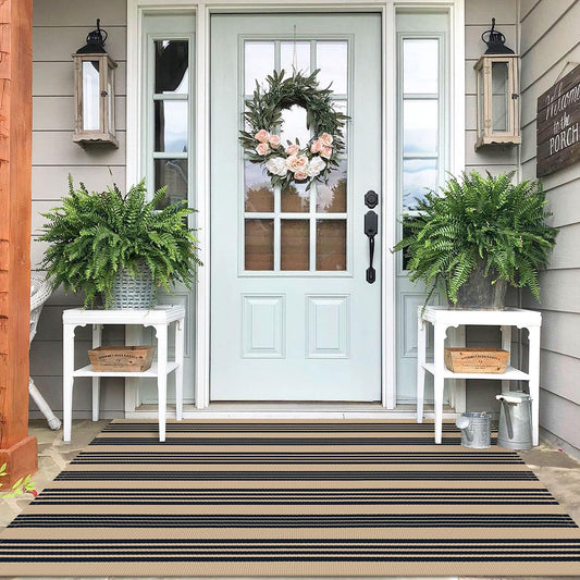 IOHOUZE Black and Tan Striped Rug 4'x6' Front Door Rugs Outdoor, Washable Area Rug for Double Front Porch, Large Patio Rug Outdoor Indoor, Doormat for Entryway Porch Entrance