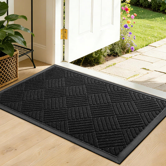 WELDUN Front Door Mat, Heavy Duty Waterproof Rubber Doormat for Indoor Outdoor, Non-Slip Low Profile Dirt Trapper Absorbent Mat for Entryway, Stain Fade Resistant Easy Clean 35.5"x24", Black