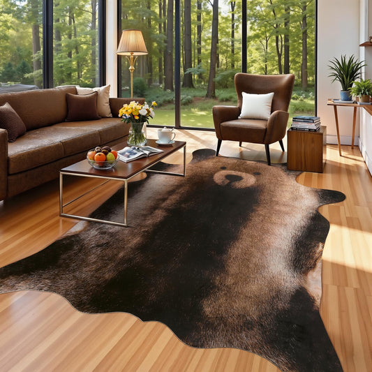 AROGAN Premium Bear Print Rug 4.6x5.2 Feet, Machine Washable Faux Fur Rug, Non-Slip Animal Print Hide Bear Skin Area Rug for Bedroom Living Room Home Decor