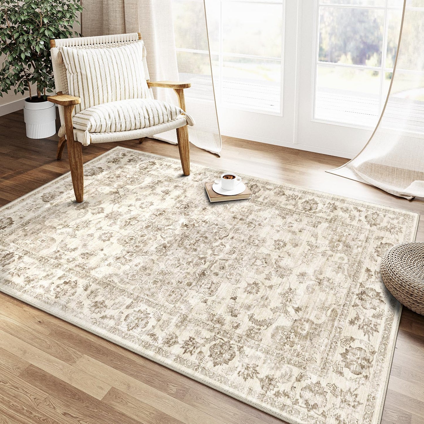 WondRg 3x4 Washable Neutral Area Rug Beige Vintage Entryway Office Carpet Non-Slip Soft Low Pile Farmhouse Throw Rug for Entrance Living Room Bathroom Dining Room