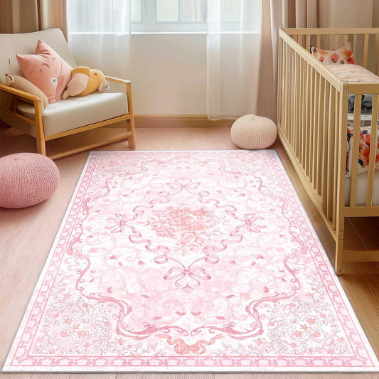 Ucharm Pink Bow Rug for Bedroom Girls,5x7 Nursery Rugs for Living Room with Soft Low Pile, Cute Vintage Non Slip Washable Rug for Nursery Kids Playroom Dining Room College Dorm Girl