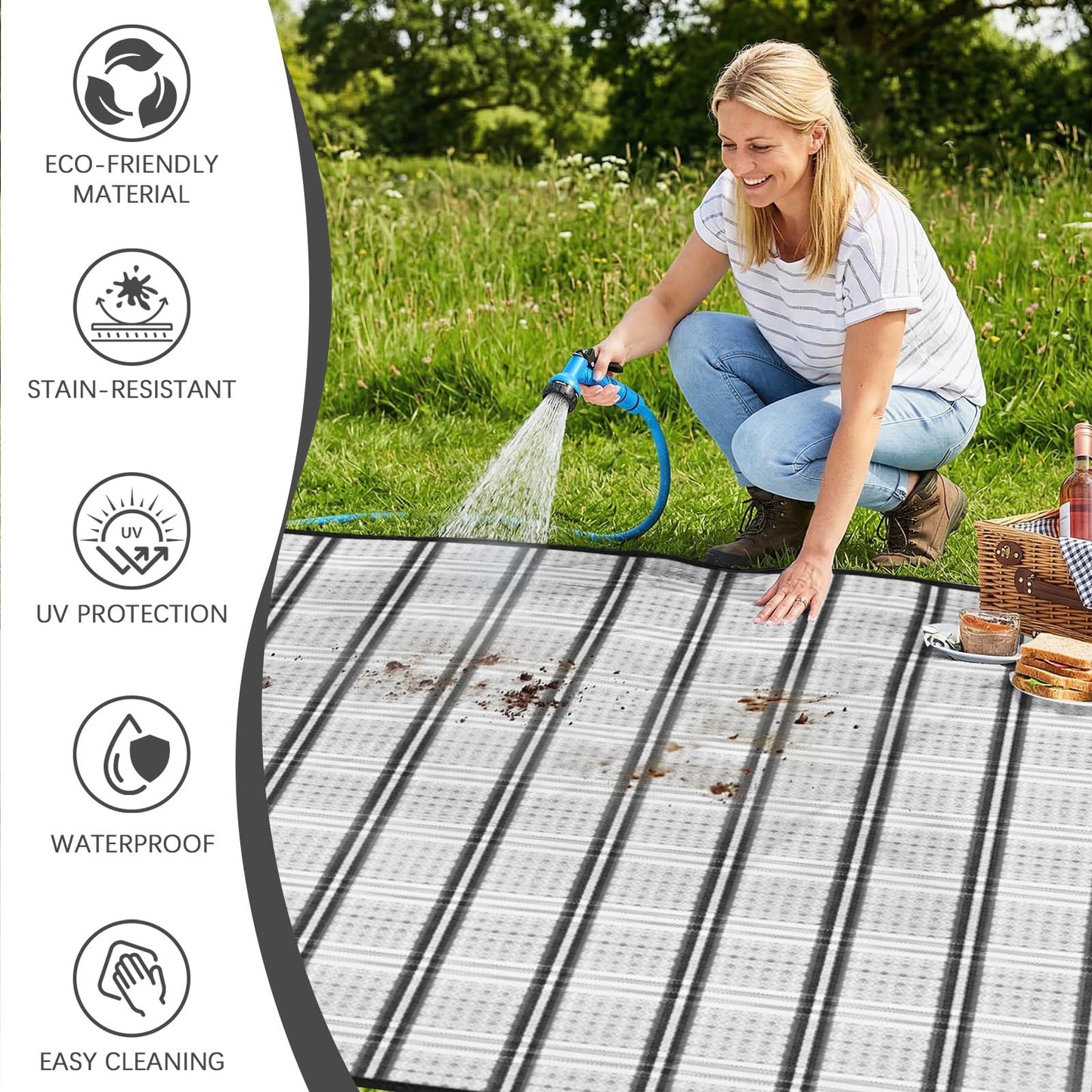 KANAGAWA Outdoor Rug Waterproof, 8x10 ft Reversible Plastic Straw Braid Rug Outdoor Carpet RV Mat for Patio, Porch, Picnic, Balcony, Deck, Backyard, Grey & White