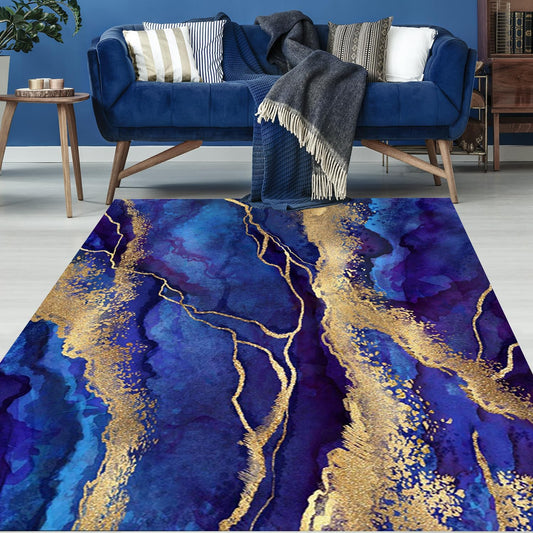 Royal Blue Gold Marble Texture Modern Abstract Area Rug for Living Room Bedroom Guestroom Faux Wool Washable Carpet Non Slip Under Dining Room Coffee Table Art Deco Floor Rug 4x6 Lux Office Dorm Mat