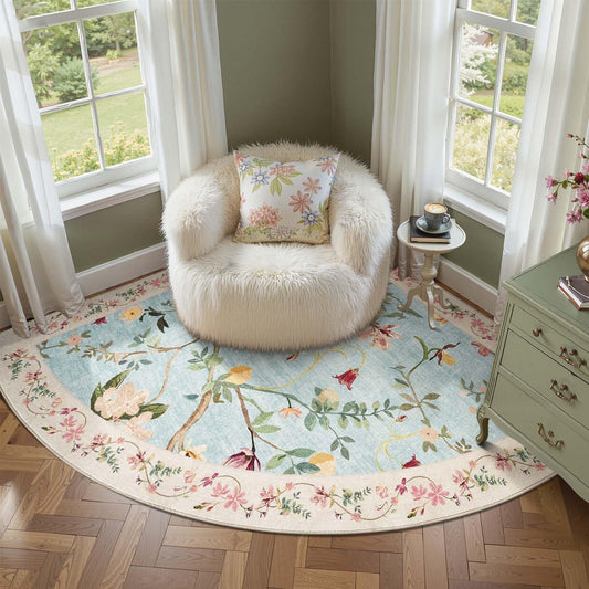 jinchan Floraison Floral Rug for 5FT Radius Corner Washable Sector Rug Oriental Flower Design Non Slip Quarter Circle Lightweight Low-Pile Throw Carpet for Bedroom Reading Nook Office Blue/Pink