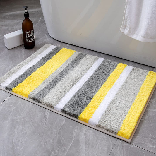 MIULEE Yellow Grey Bathroom Rug 16x24 Inch, Small Soft Thick Microfiber Striped Bath Mat, Non Slip Fluffy Plush Machine Washable Quick Dry for Bathroom Decor, Floor Tub and Shower