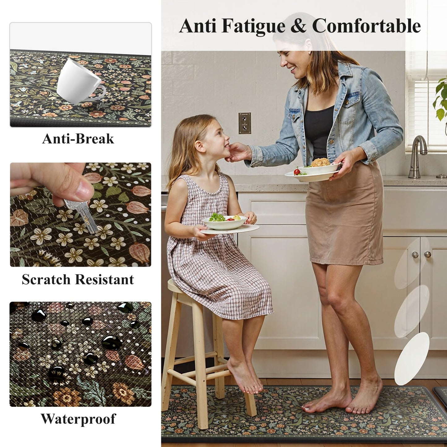 Collive Kitchen Mats for Floor, Cushioned Anti Fatigue Mat Black Floral Rugs Non Skid Waterproof Sink Rug, Memory Foam Comfort Standing Mat for Office, Laundry, Desk, 24''x71''