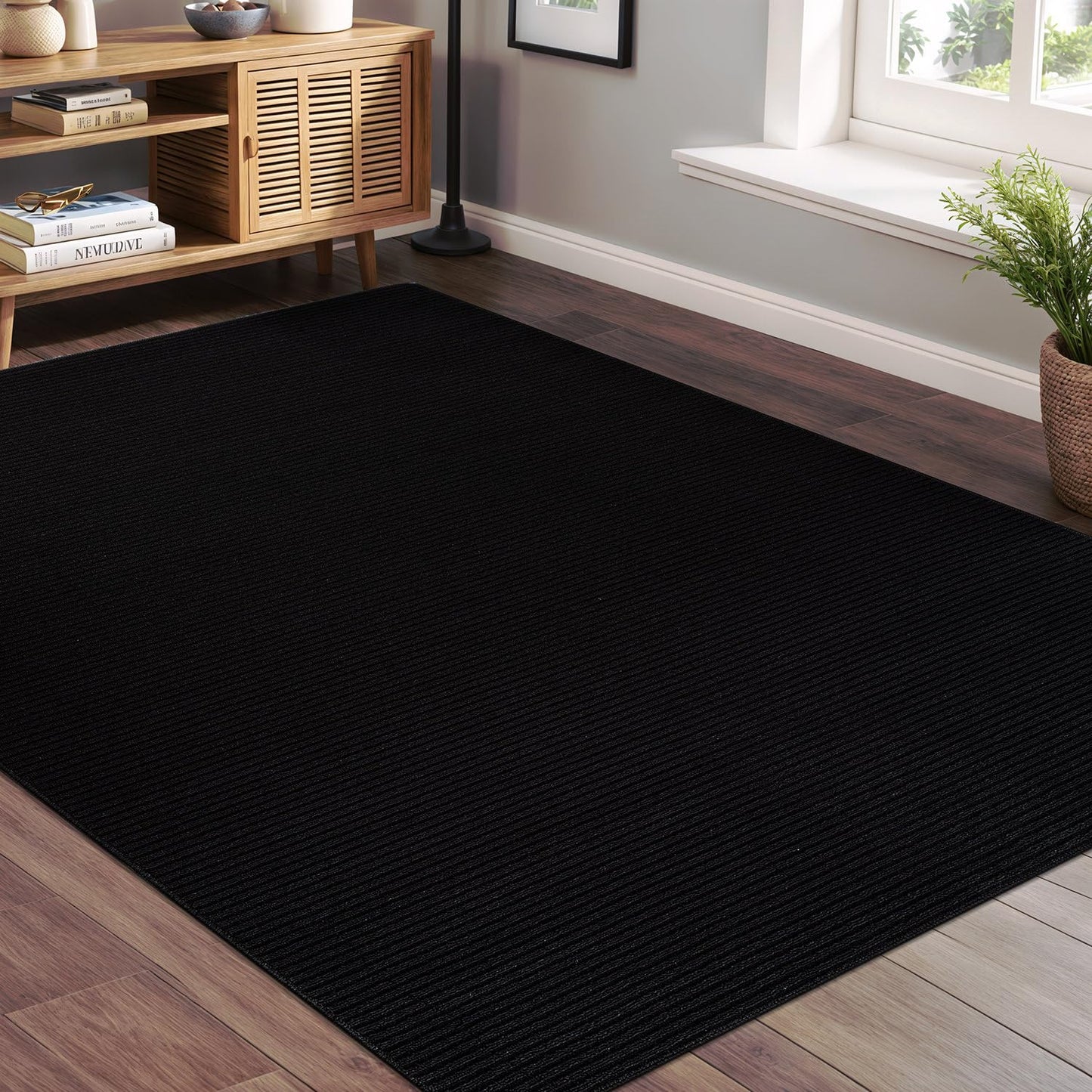 Beverly Rug Non-Slip Modern Rug 8x10 Solid Traditional Rubber Backing Machine Washable Soft Thin Indoor Area Rugs for Living Room Stain Resistant Non Shedding Casual Carpet (8 x 10 Black)