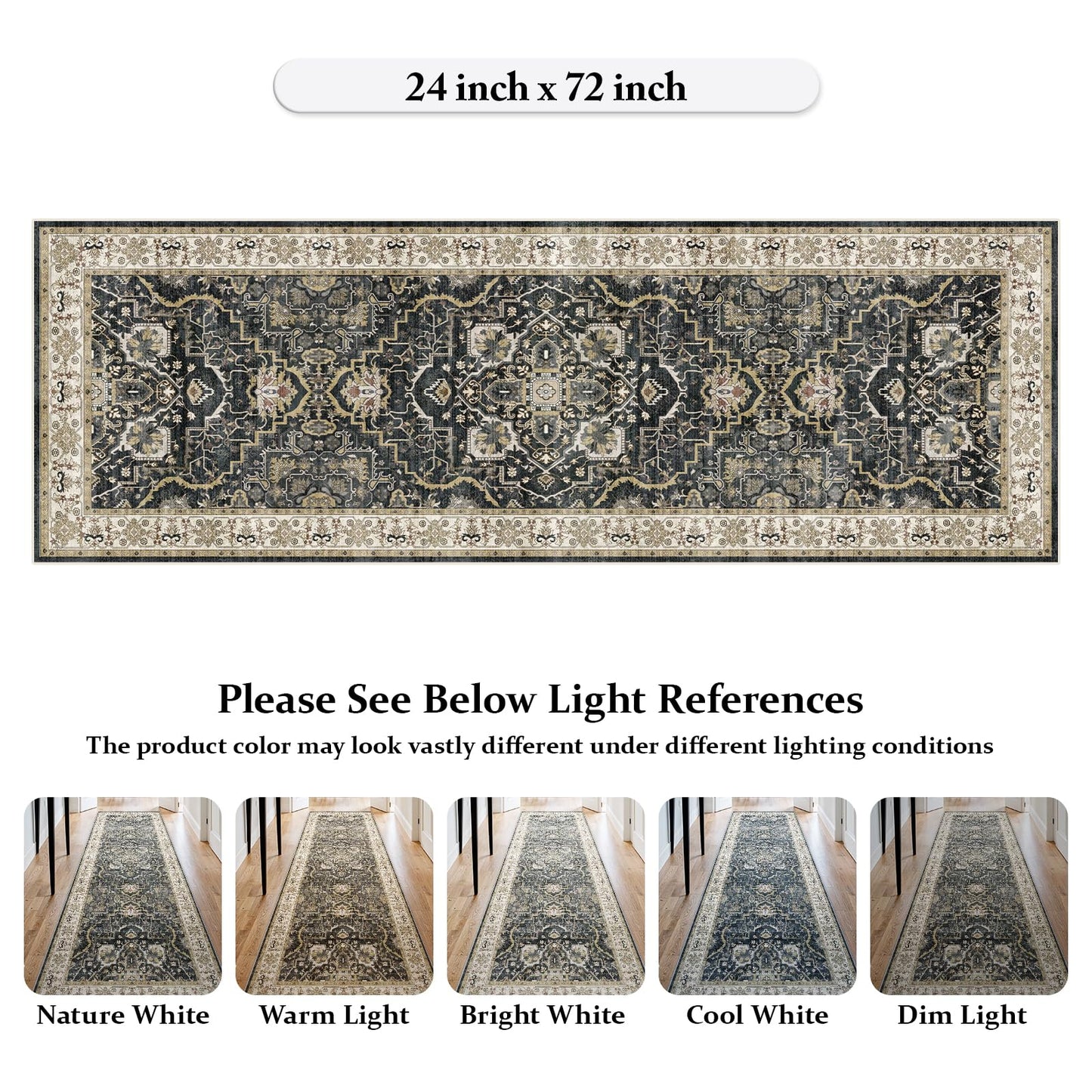 EiniHliw 2x6 Washable Kitchen Runner Rug, Non Slip Vintage Runner Rugs for Hallway, Ultra-Thin Low Pile Distressed Kitchen Rugs Non Skid, Machine Washable Laundry Entryway Indoor Carpet,Black