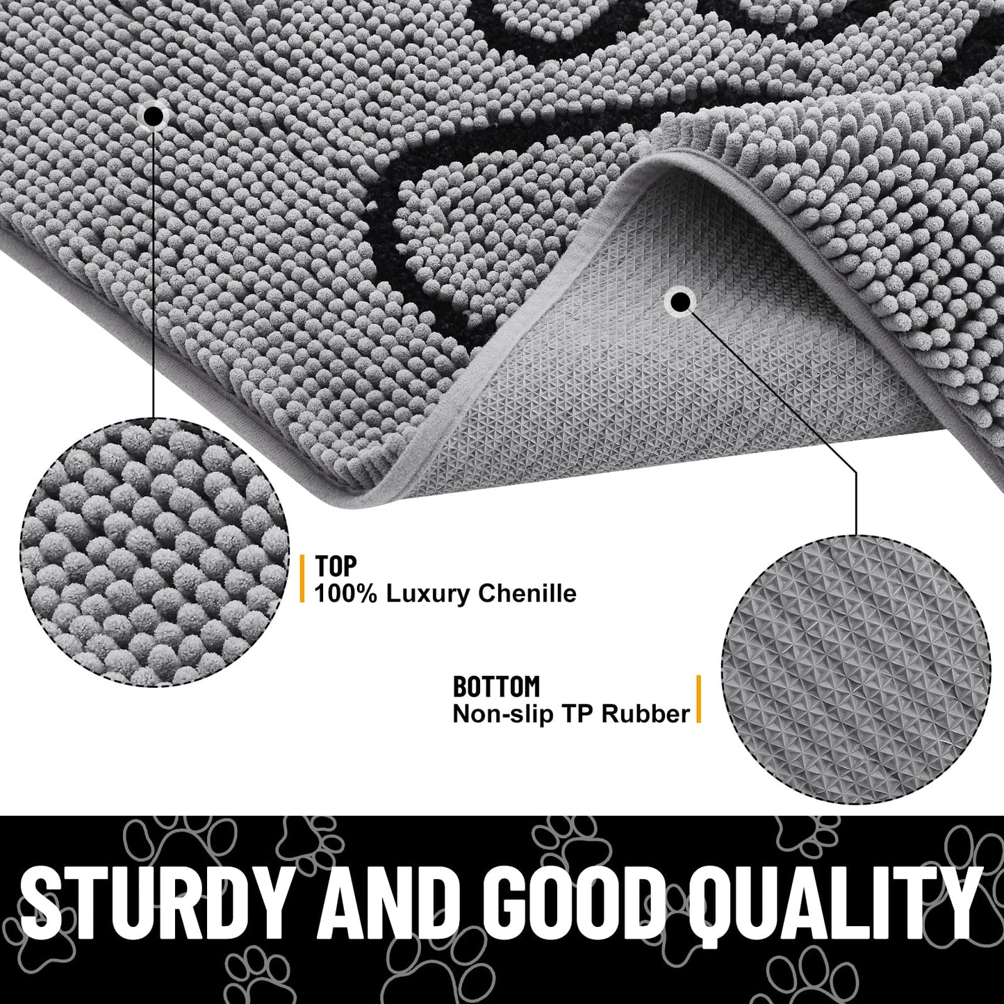 Smiry Dog Door Mat for Muddy Paws, Absorbent Dirt Trapper Non Slip Quick Dry Washable Chenille Mat for Mud Dogs, Entry Rug for Indoor and Outdoor (48x30 Inches, Grey and Black)