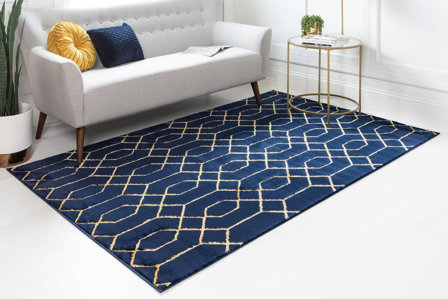 Rugs.com Glam Collection Rug – 2x3 Navy Blue Gold Medium-Pile Rug Perfect for Entryways, Kitchens, Breakfast Nooks, Accent Pieces