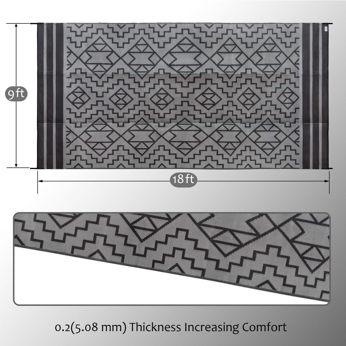 SAND MINE Reversible Mats, Plastic Straw Rug, Modern Area Rug, Large Floor Mat and Rug for Outdoors, RV, Patio, Backyard, Deck, Picnic, Beach, Trailer, Camping (9' x 18', Black & Grey)
