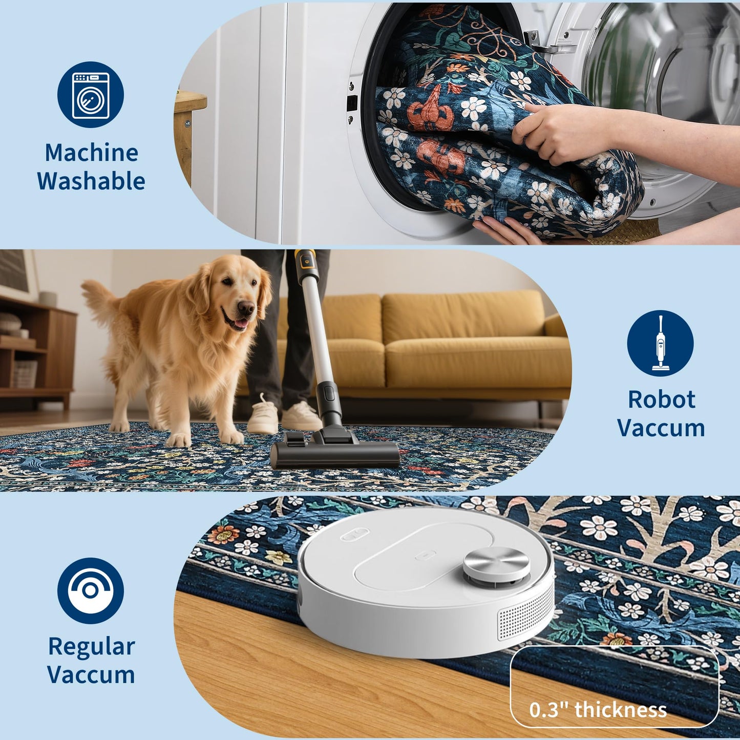 GarveeHome 8x10 Area Rugs, Washable Rugs for Living Room Non Slip Stain Resistant Ultra Soft Floral Rug, Boho Carpet Floor Mat for Bedroom Dining Room Nursery Playroom Office, Dark Blue