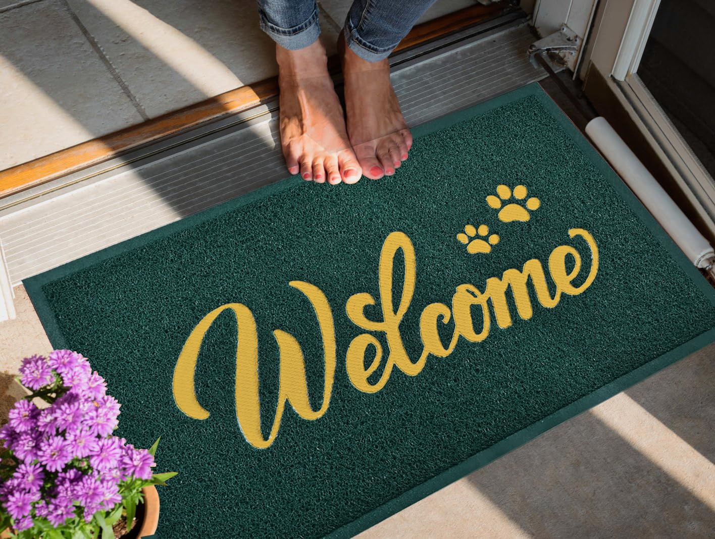 T.HENV Christmas Door Mat Outdoor, 30x17.5 Waterproof All-Season Front Door Mat Outside Entrance, All-Weather Quick Drying, Low Profile Doormat Indoor, Patio Porch Entryway Mats, Green-Gold