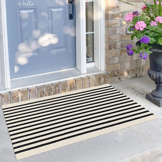 KILOCOCO Beige Striped Rug 2.3'x3.6' Indoor Outdoor Rugs Front Door Mat Hand Woven Cotton Washable Striped Layered Doormats for Front Porch/Kitchen/Farmhouse/Entryway/Patio