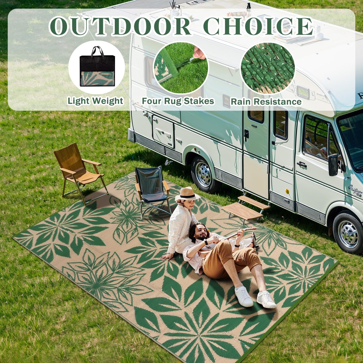TUKDAK Waterproof Outdoor Rugs 5x8, Green Outdoor Plastic Straw Rug Double-Sided, Fade Resistant Patio Rug, Easy Cleaning RV Camping Mats Outside Carpet Portable for Balcony Porch Garden Deck Picnic