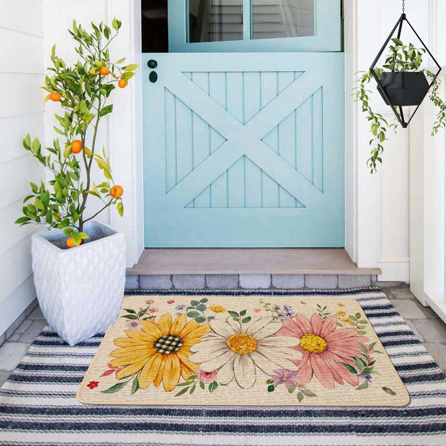 Baccessor Spring Summer Floral Doormat Outdoor Outside, Sunflower Daisy Flowers Door Mat Low-Profile Non-Slip Rubber Backing Entrance Front Seasonal Holiday Decoration 17x29 Inch