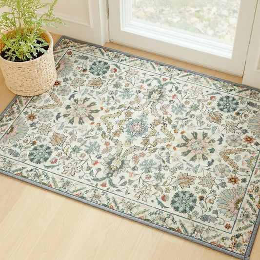 MINIDEAR 2x3 Area Rugs for Entryway Kitchen, Washable Rug Small Accent Rugs for Bedroom Non Slip Vintage Rug with Floral Print Thin Carpet Mat for Home, Daisy Green