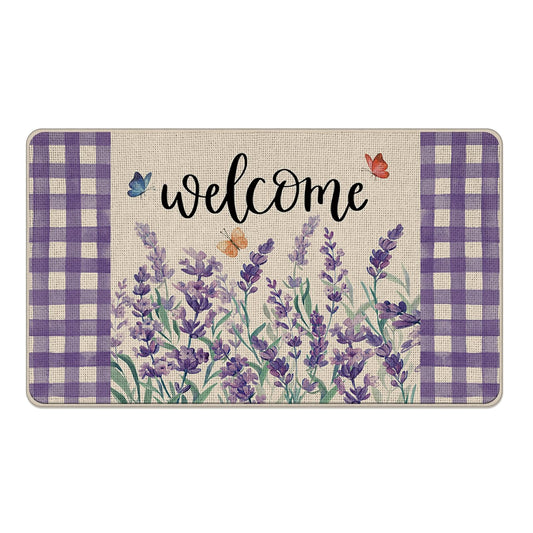Livcoz Spring Summer Lavender Flower Welcome Front Door Mat, Floral Butterfly Decorative Doormat Non-Slip Floor Entryway Rug, Purple Plaid Farmhouse Indoor Outdoor Home Kitchen Decoration 17x29 Inches