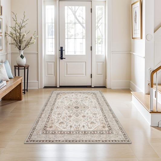 HILORUUG 4x5 Rug Entryway Washable: Non-Slip Oriental Area Rug for Bathroom Kitchen- Farmhouse Low Pile Stain Resistant Carpet Long Thin Front Door Mat (4x5 Ivory/Grey/Multi)