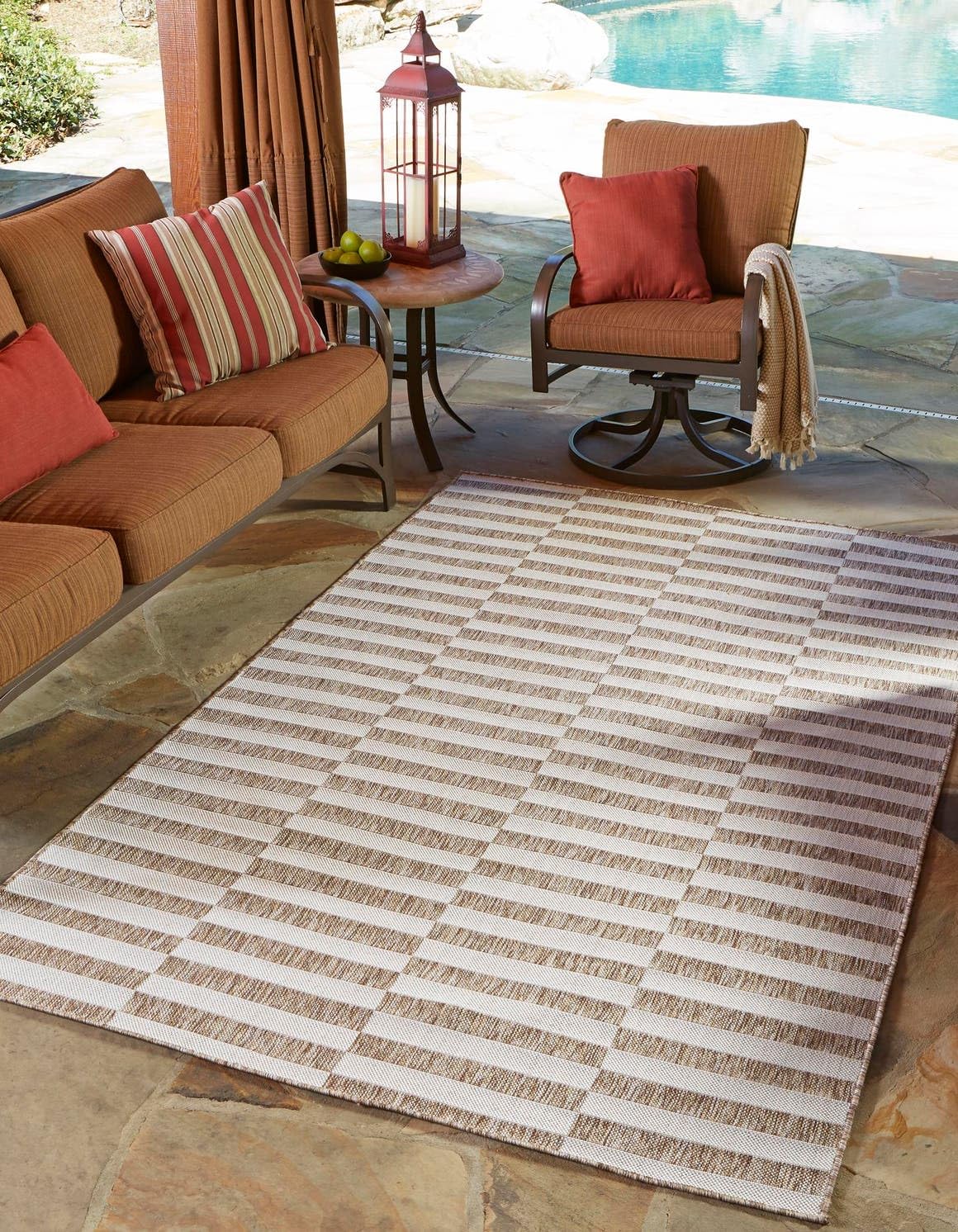 Unique Loom Outdoor Striped Collection Area Rug - Striped (10' x 13' 1" Rectangle Taupe/Ivory)