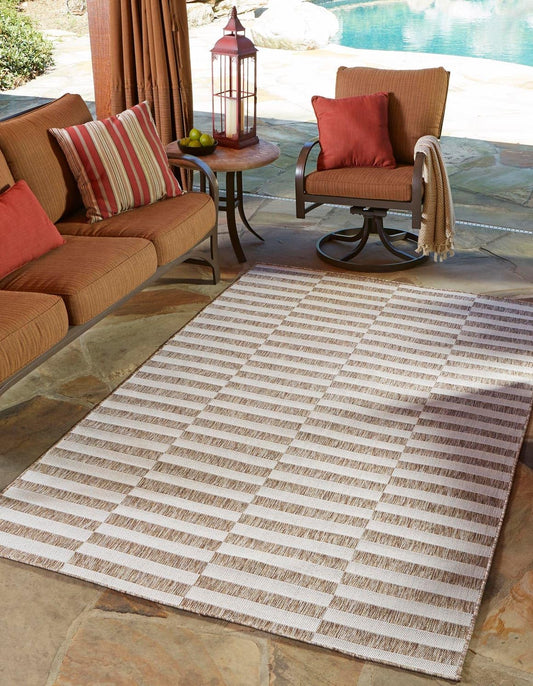 Unique Loom Outdoor Striped Collection Area Rug - Striped (10' x 13' 1" Rectangle Taupe/Ivory)