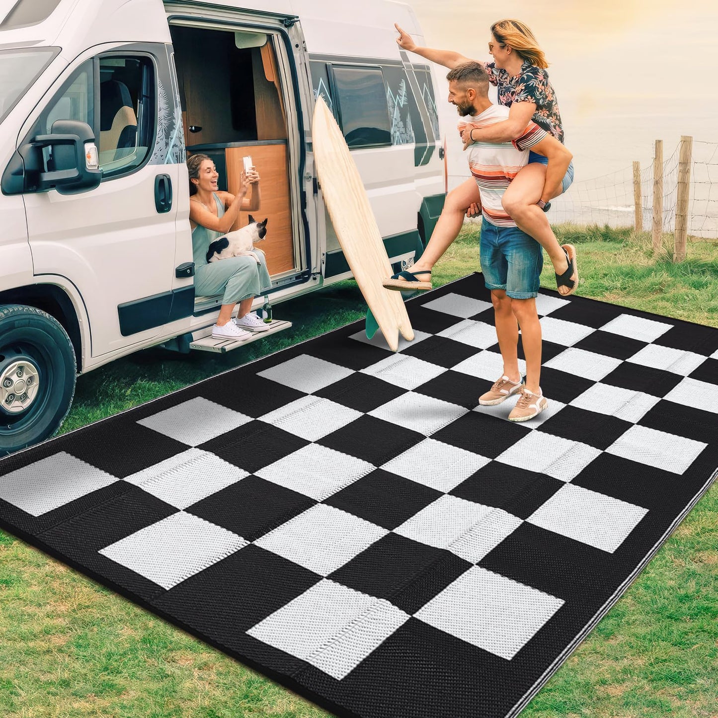 GarveeHome Outdoor Rug 8 x 10 Waterproof Checkboard Woven Carpet, Large Reversible Plastic Straw Rug, Foldable Modern Geometric Plaid Outside Camping Rug for Picnic, Backyard, Deck, Black White