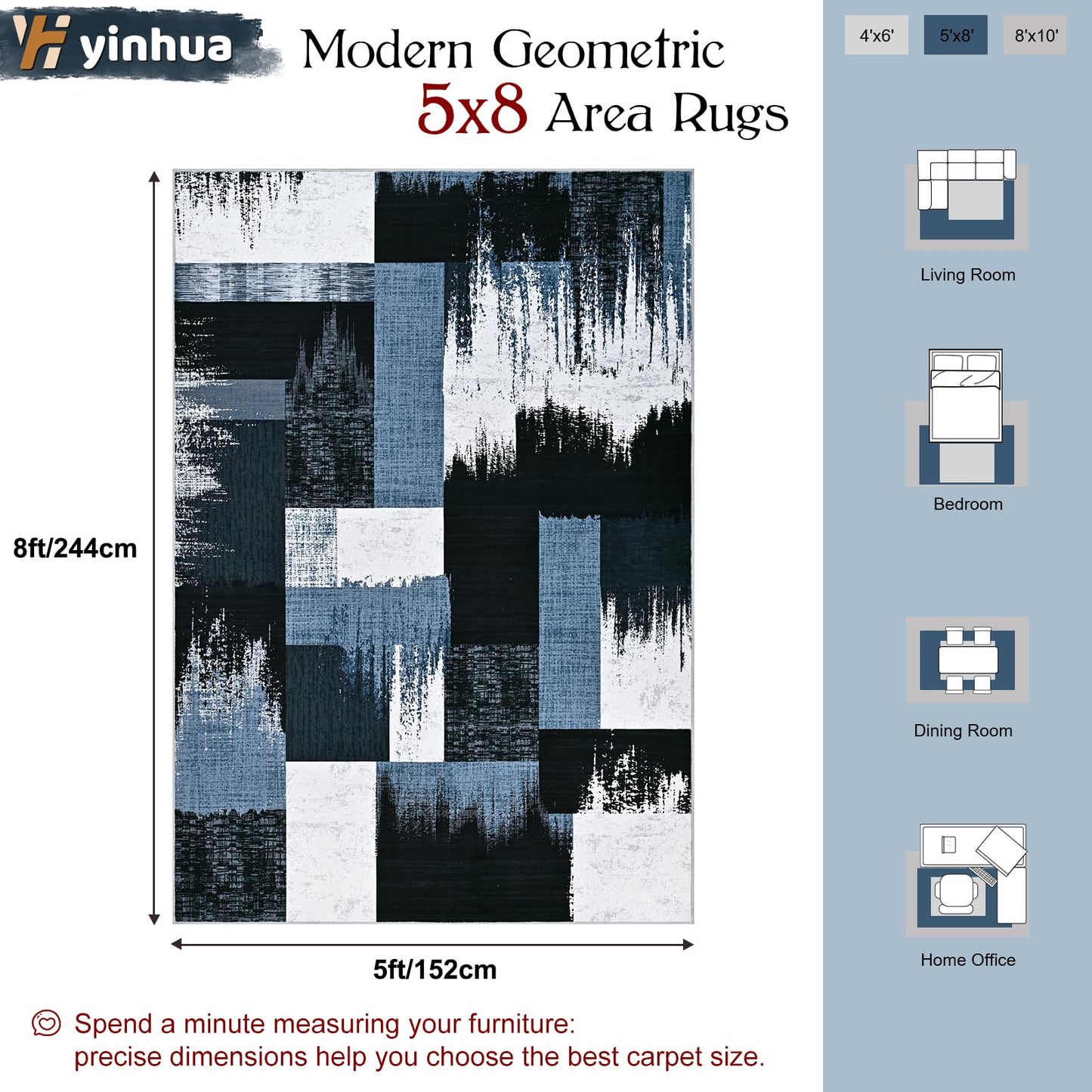 Yinhua Geometric 5x8 Area Rug for Living Room Modern Patchwork Rugs for Bedroom Low Pile Rugs Washable Non Slip, Soft Faux Wool Area Rug for Home Office, Dining Room, Blue and Gray Carpet