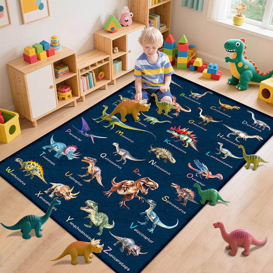 Kids Rugs for Playroom，5x7 Feet Educational Rugs for Learn The ABC Alphabet, Dinosaur Rugs for Boys Bedroom, Soft Machine Washable Non-Slip Carpet for Kids Room, Nursery, Classroom