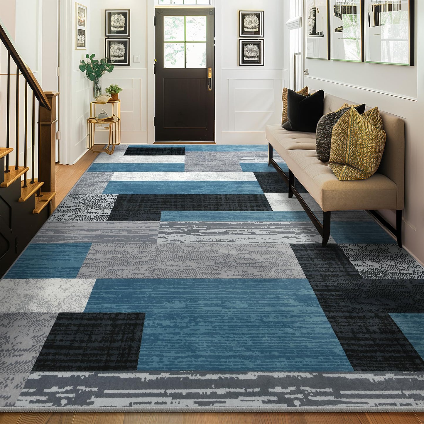 Large Area Rugs,Modern Geometric Patchwork Floor Decor for Bedroom Aesthetic Carpet, Rockwood Collection, Indoor Rugs for Living Room, Dining Room, Nursery, Office, Machine Washable Rug,5x8 Ft Blue