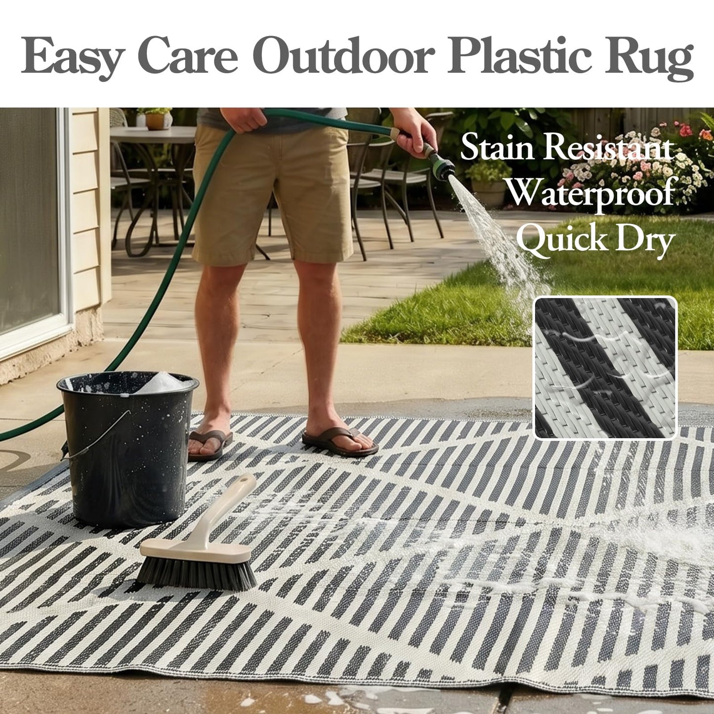 Wonnitar Outdoor Rug 6x9, Waterproof Reversible Plastic Straw Rug for Patio, Foldable Camping Mat with Carry Bag for RV, UV-Resistant Outside Rug for Deck, Balcony, Beach, Black & Grey