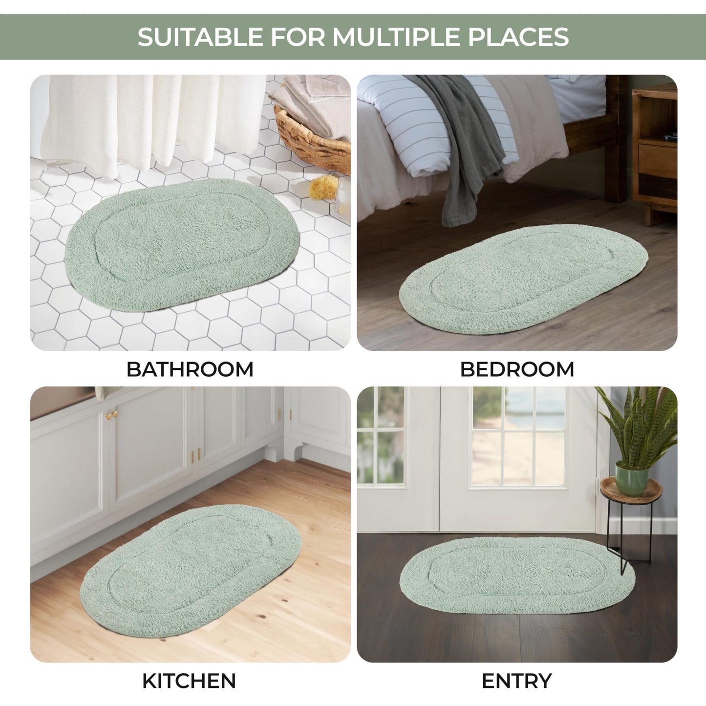 Superior Non-Slip 2 Piece Bath Rug Set, Ultra Plush, Soft and Absorbent 100% Combed Cotton Pile - Traditional Oval Bath Mat Set, Sage