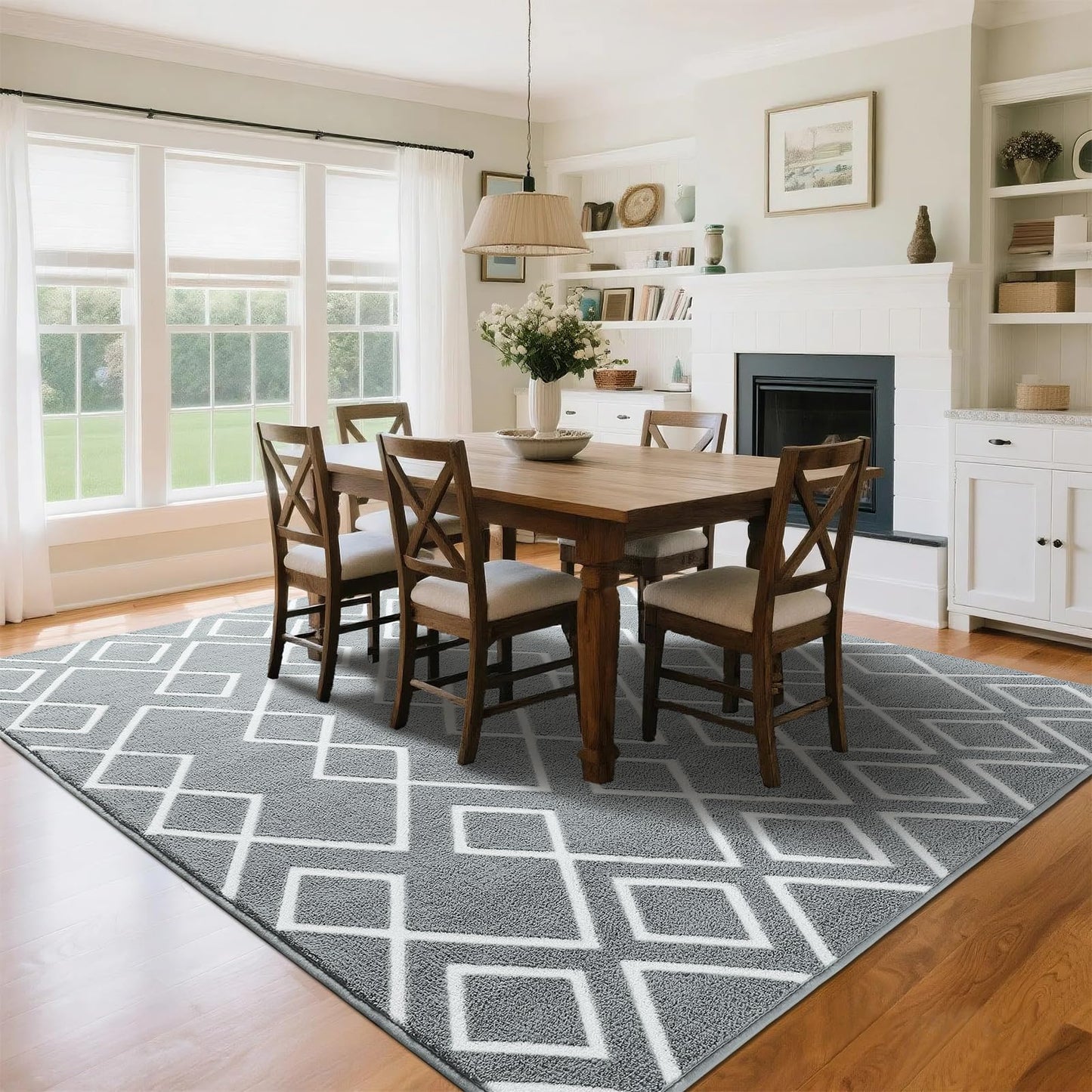 Rtizon Soft Area Rug for Bedroom, 4x6Ft Moroccan Rugs for Living Room, Geometric Non-Slip Carpet with Memory Foam for Boys Girls's Bedside Office Dorm Hallway, Grey and White