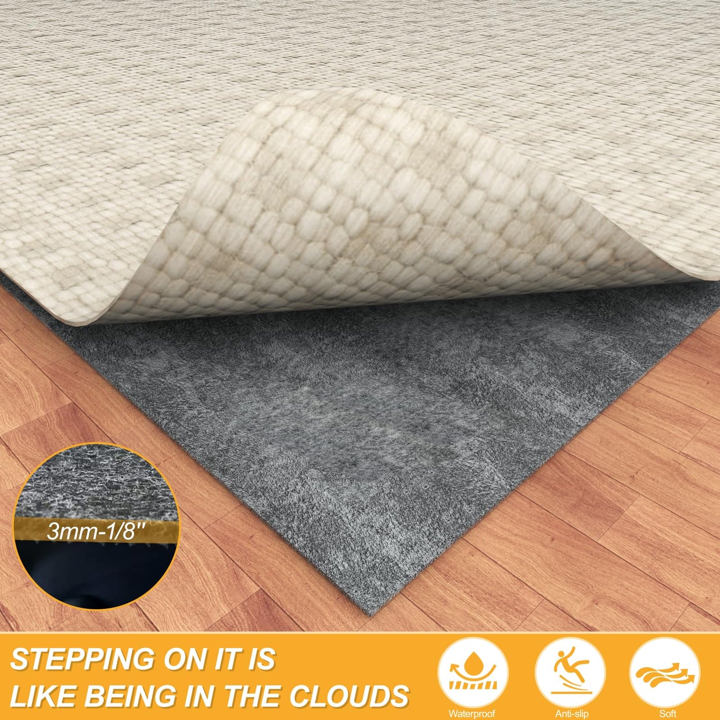 Non Slip Felt Rubber Rug Pad, Thick Felt Rug Pads for Hardwood Floors, Under Area Rugs Protective Cushion Pads for Carpet, Felt and Rubber Underpad for Home Place Surface Safe (Grey, 2' x 6')