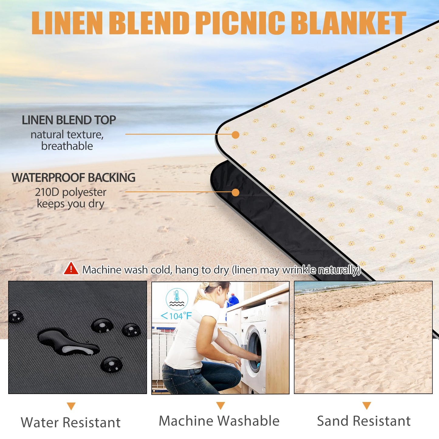 Picnic Outdoor Blankets Waterproof Large - Beach Mat Sand Free Foldable with Carry Strap | Portable Camping Blanket | Park Blanket for Grass Park, Hiking, Travel, Concerts, Indoor (Yellow Flower)