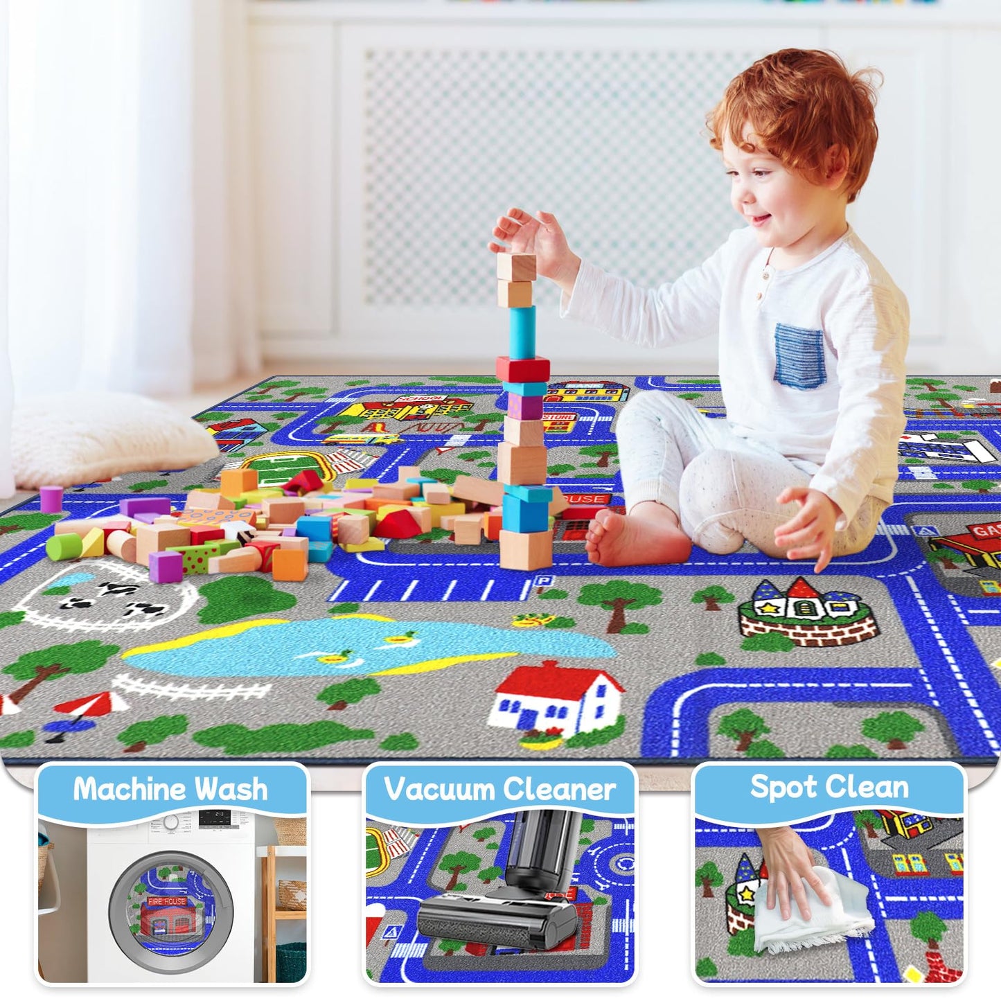 Ythropon Kids Rug Car Play Mat 6.6'x5.0',Blue Kids Rug for Toy Cars,Non-Slip Town City Map Carpet Play Mat,Traffic Road Kid Educational Learning Car Rugs for Children Room Playroom Nursery