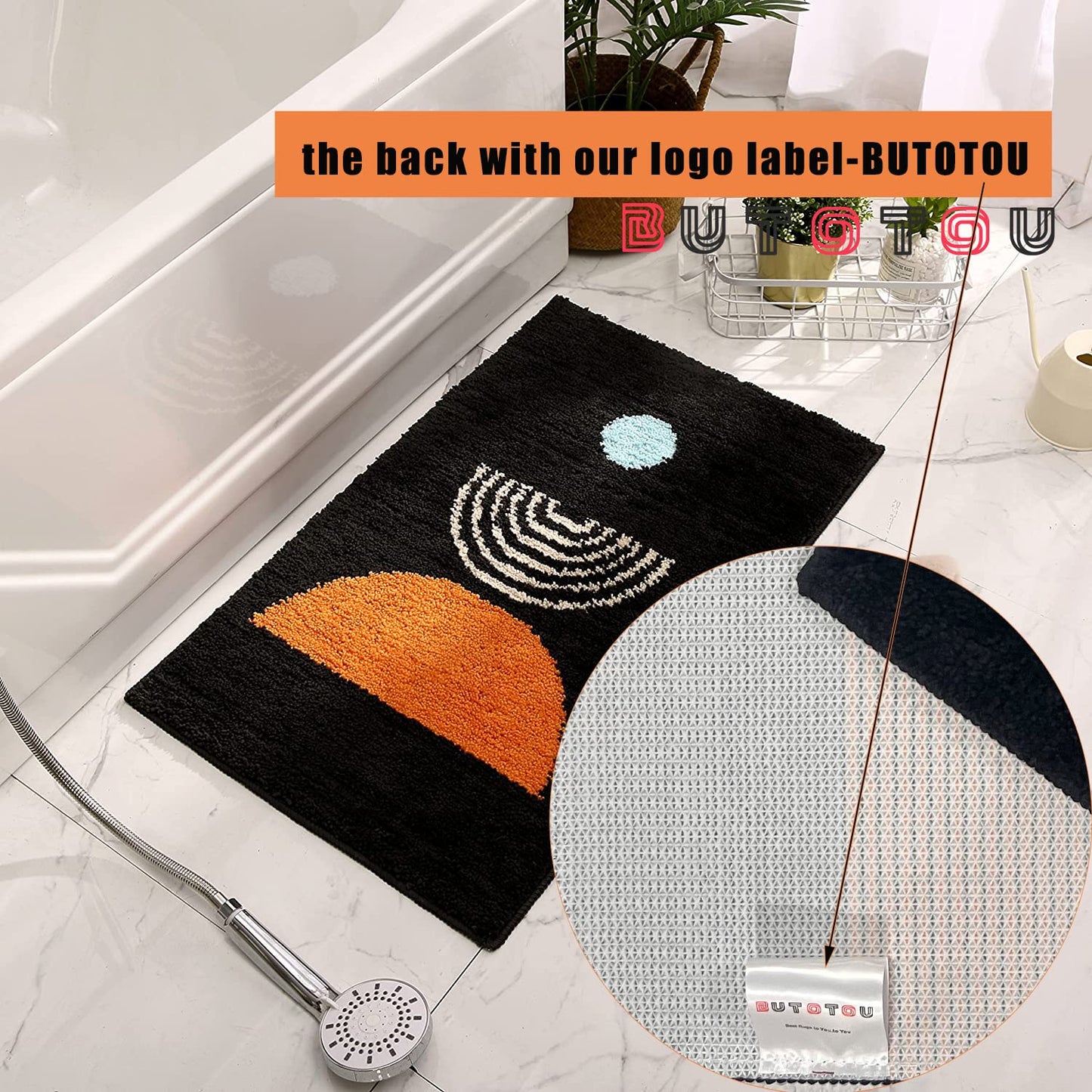 DBJOY Boho Bathroom Rugs Non-Slip Abstract Bath Rugs Microfiber Cute Mat Black Washable for Tube/Washbasin/Toilet (Black-Sunrise, 16"X24")