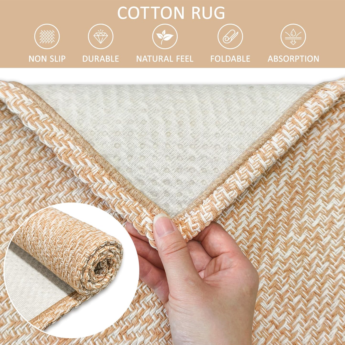 Washable Runners for Hallways 2x8 ft Kitchen Runner Non Slip Rubber Backed Hall Runners Cotton Entryway Runner Rugs Floor Carpet Floor Rugs for Living Room Indoor Backdoor Bedroom Kitchen(Khaki/Ivory)