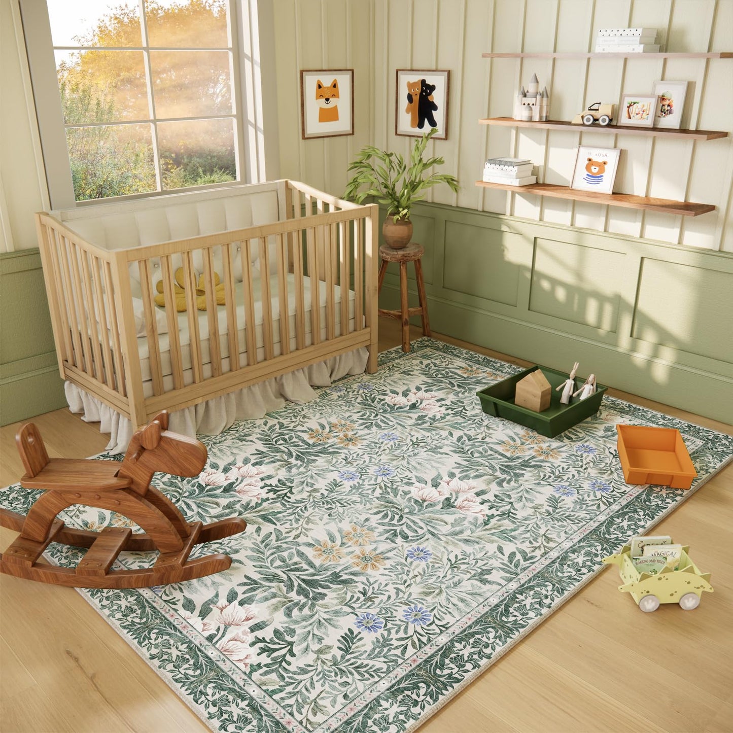 Baksham Botanical Floral Area Rug 5x7 Light Green Cream Vintage Garden Design, Perfect for Living Room, Bedroom, Kids Room, Nursery - Stain & Water Resistant Non-Slip, Pet & Child Friendly Area Rugs