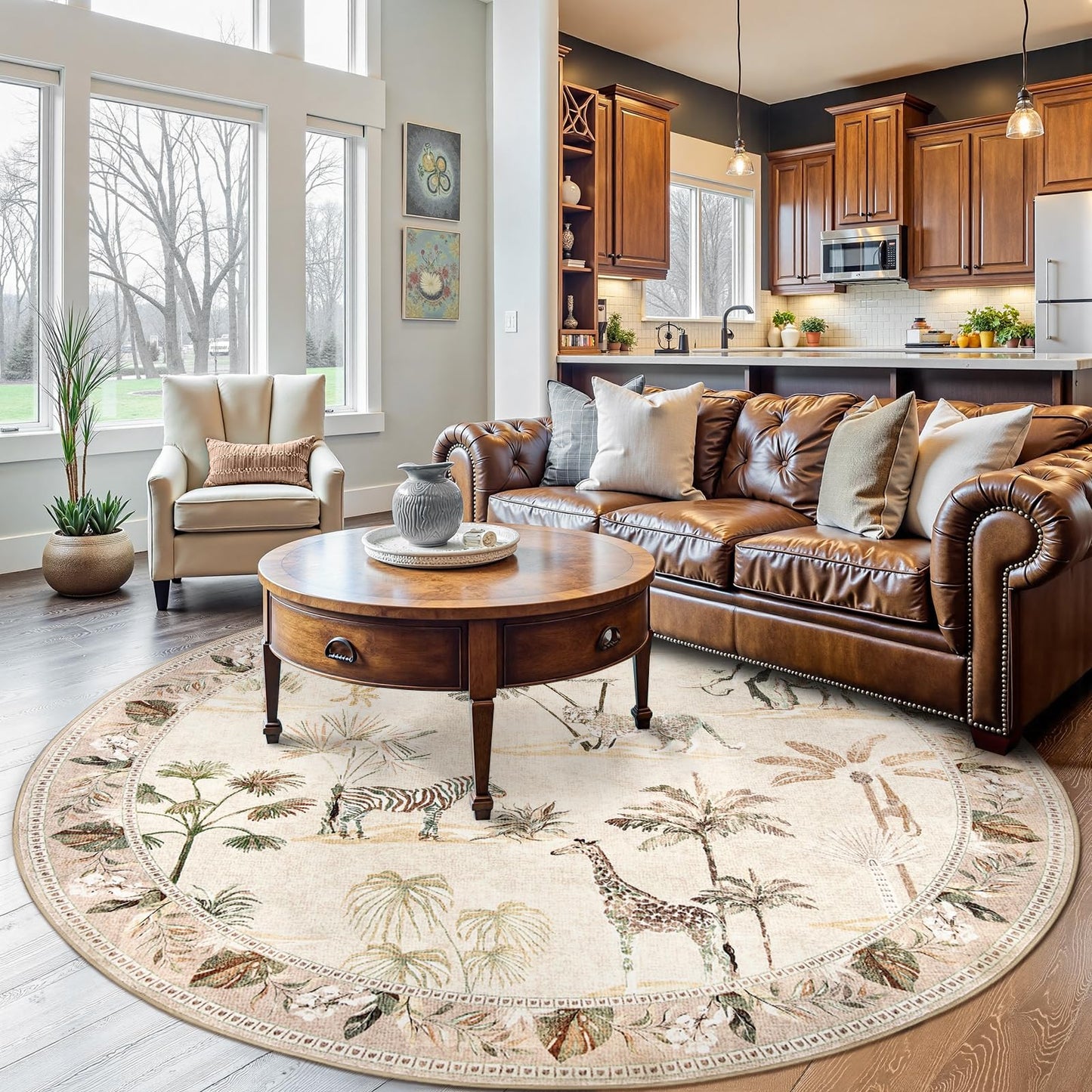 jinchan Round Rug 8ft Beige Jungle Animals Print Living Room, Machine Washable 8' Circle Modern Soft Non-Slip Forest Plant Kids Room Throw Area Rug, Low Pile Carpet for Dining Room Bedroom Playroom