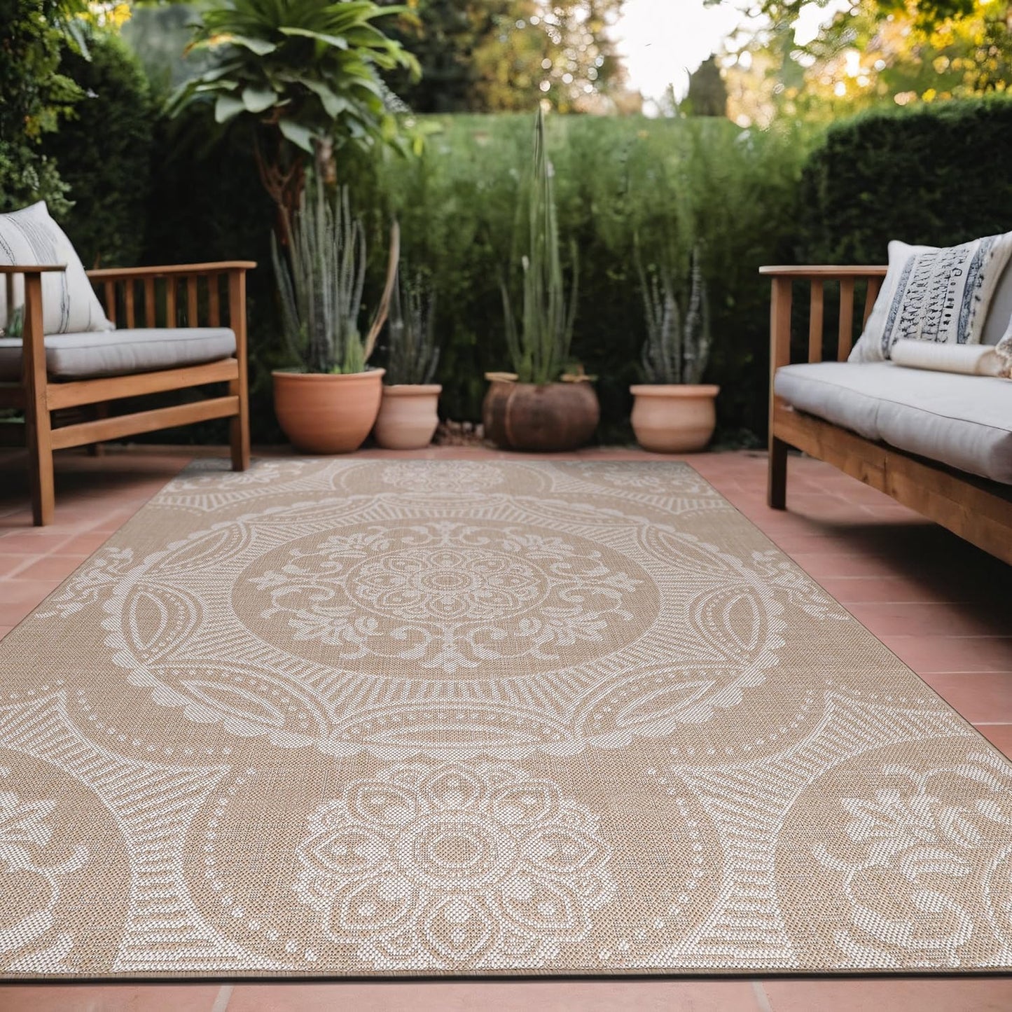 Luul Home Medallion Outdoor Rug 5x7 Washable Outside Carpet for Indoor Patio Porch Waterproof Easy Cleaning Non Shedding Area Rugs Beige 5 x 7