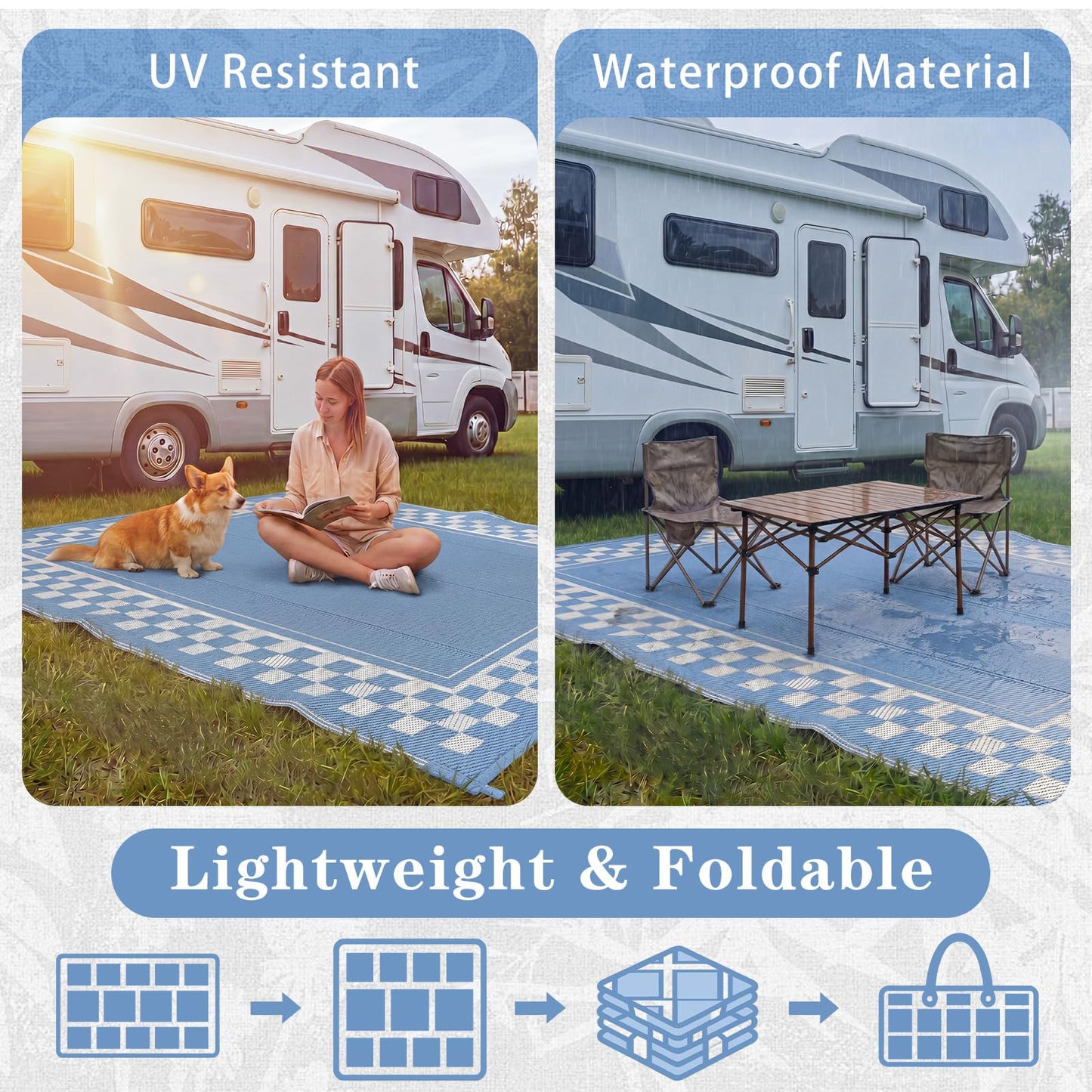Dunzy Checkered Outdoor Patio Rug, 5 x 8 ft Non-Slip Plastic Straw Checkered Carpet Indoor Outdoor Area Mat for Outside Rv Camping Deck Pool Beach Porch Backyard(Light Blue, Cream White)