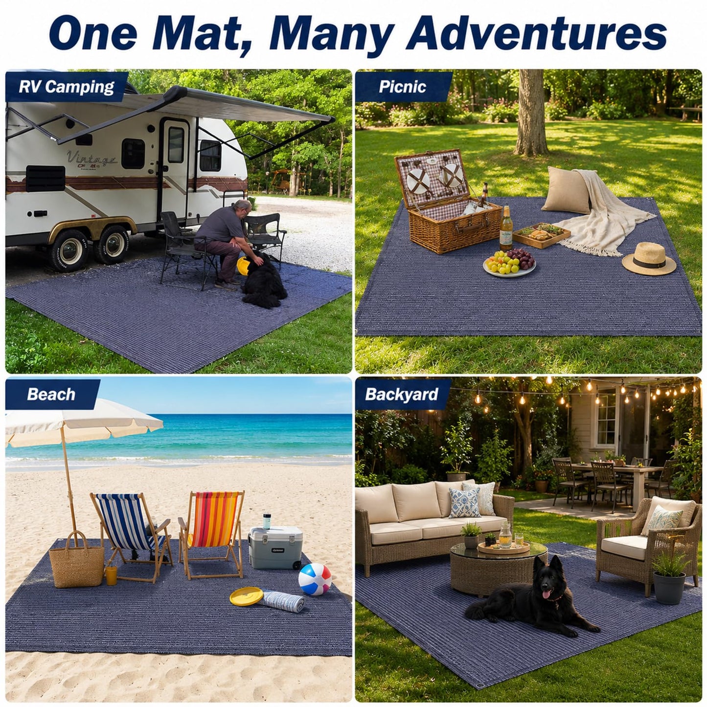 xihakey RV Outdoor Mat 10x10 FT Reversible HDPE Camping Mat - Blue-Gray