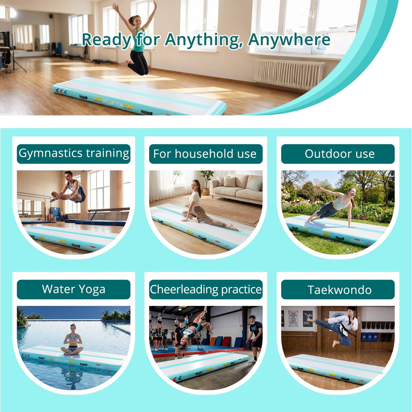 WELANDFUN Air Tumble Track Mat for Gymnastics | 4 / 6 / 8 inches Air Tumbling Mats, 6.56 / 10 / 13 / 16ft Inflatable Gymnastics Mat for Home Use, Training, Cheerleading, Water Yoga with Electric Air Pump (Mint_Green, 10ft x 3.3ft x 6inch)