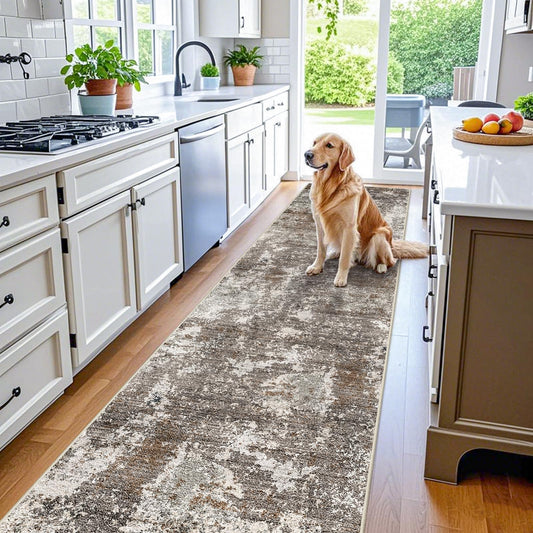 3x10 ft Long Hallway Runner Rug – Non-Slip Washable Kitchen Floor Rug with Rubber Backing, Modern Low Pile Thin Wide Carpet Runners for Bedroom, Entryway Indoor (Brown Beige,3x10)