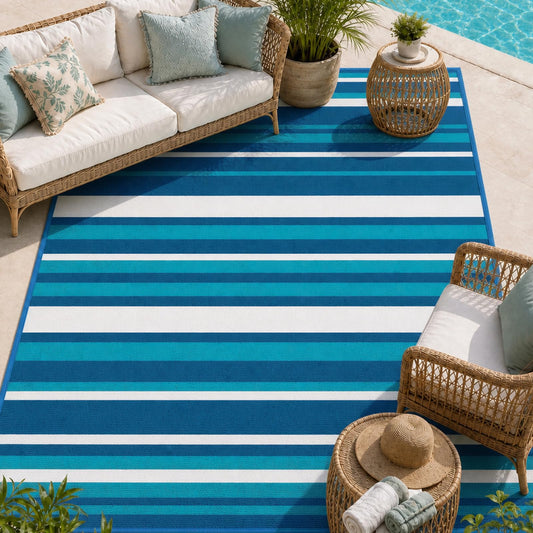 LANVIA Outdoor Rug Camping Essentials - 4x6 FT Outdoor Plastic Straw Rug for Patio Clearance, Waterproof RV Essentials Outside Area Rug for Deck Garden, Backyard Patio Furniture Set, Blue White