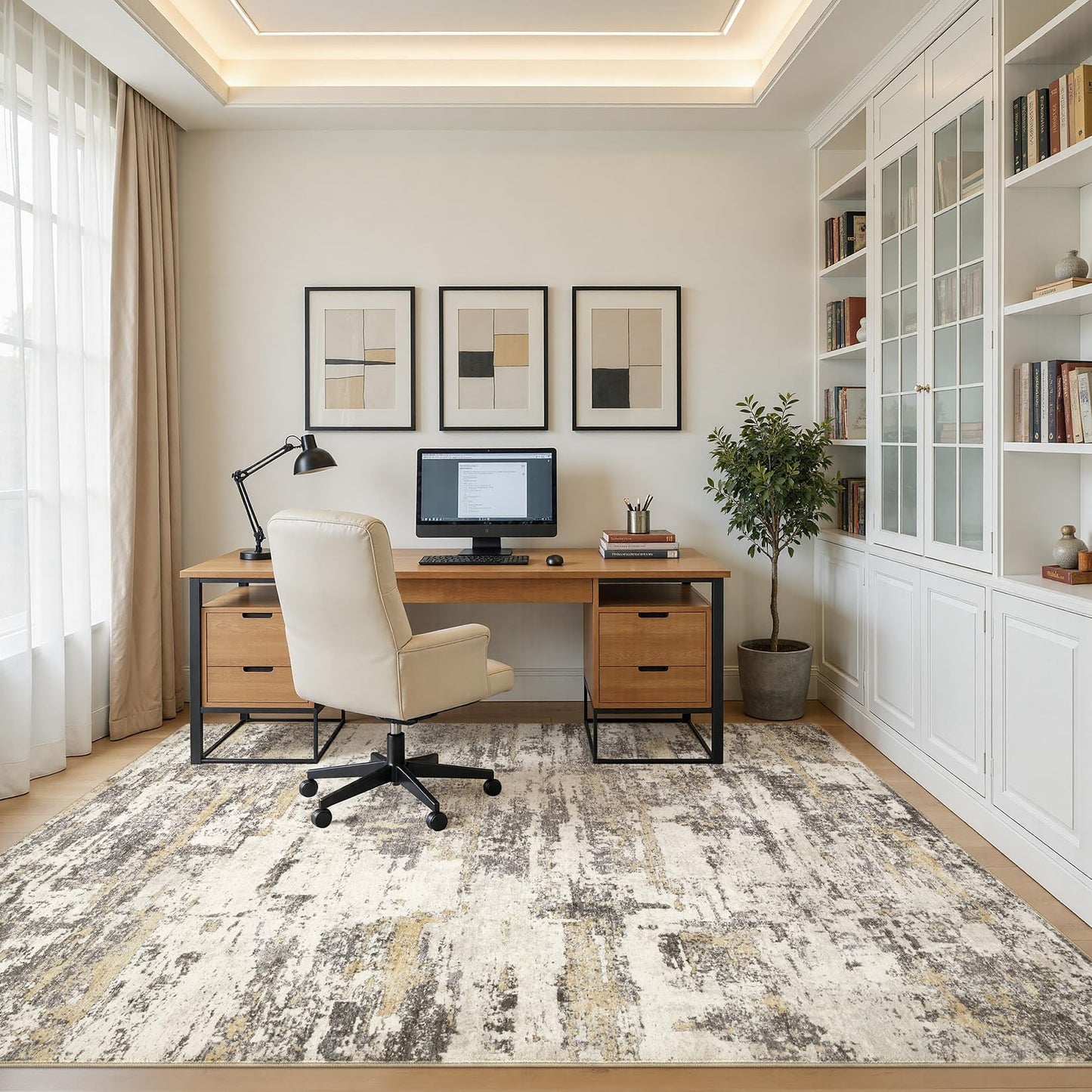 Area Rugs for Living Room: 5x7 Abstract Washable Rug Modern Neutral Large Soft Stain Resistant Non-Slip Backing Machine Table for Bedroom Dining Room Indoor Home Office Carpet - Gold Brown