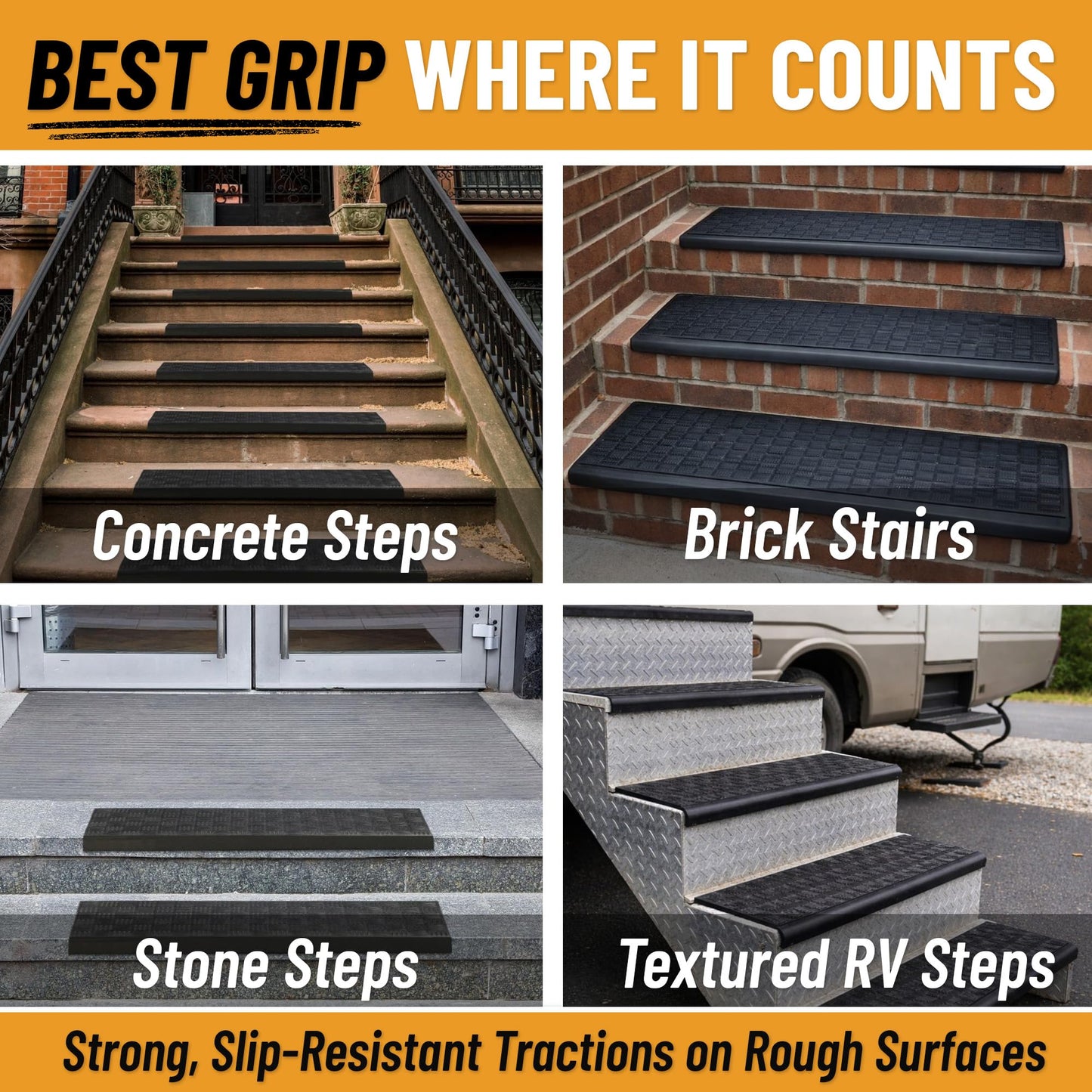 Ottomanson Bullnose Stair Treads Outdoor – Ribbed Heavy-Duty Non-Slip Stair Mats – Best Grip on Concrete, Brick & Textured Step – Fastening Required for Wooden & RV Steps, Pack of 5