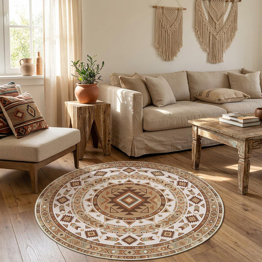Doteon 3ft Southwestern Round Rug, Geometric Tribal Circle Carpet, Soft Faux Cashmere Non-Slip Rug for Bedroom and Entryway