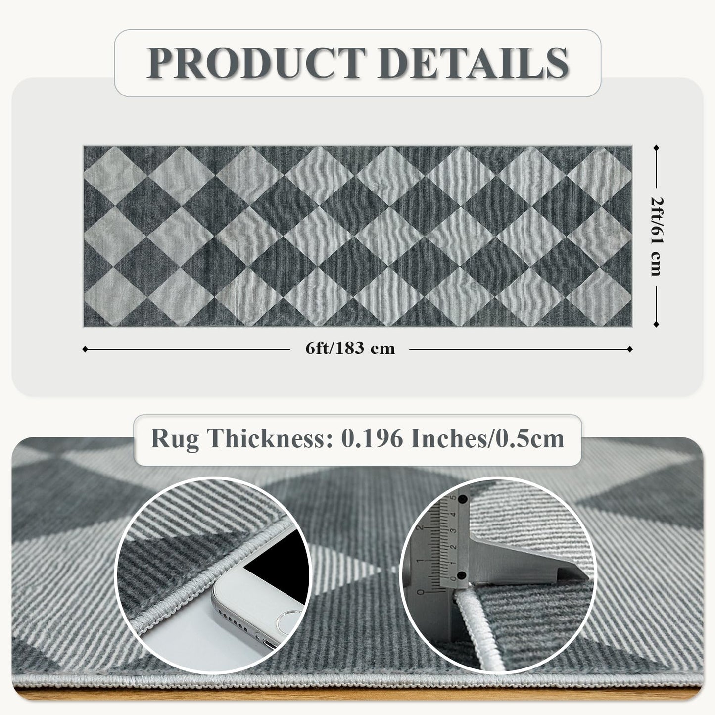 Beeiva Checkered Print Hallway Rug 2x6, Ultra Thin Kitchen Rug Runner Non Slip Washable Carpet Runners for Hallway 6ft, Modern Diamond Stain Resistant Floor Carpet for Bathroom Bedroom Entryway